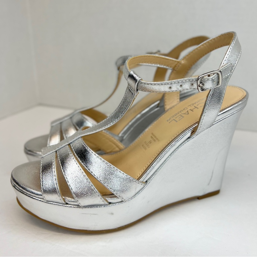 Michael Shannon Womens Fiesta Wedge Metallic Silver Sandals Sz 6.5M XLNT Cond.